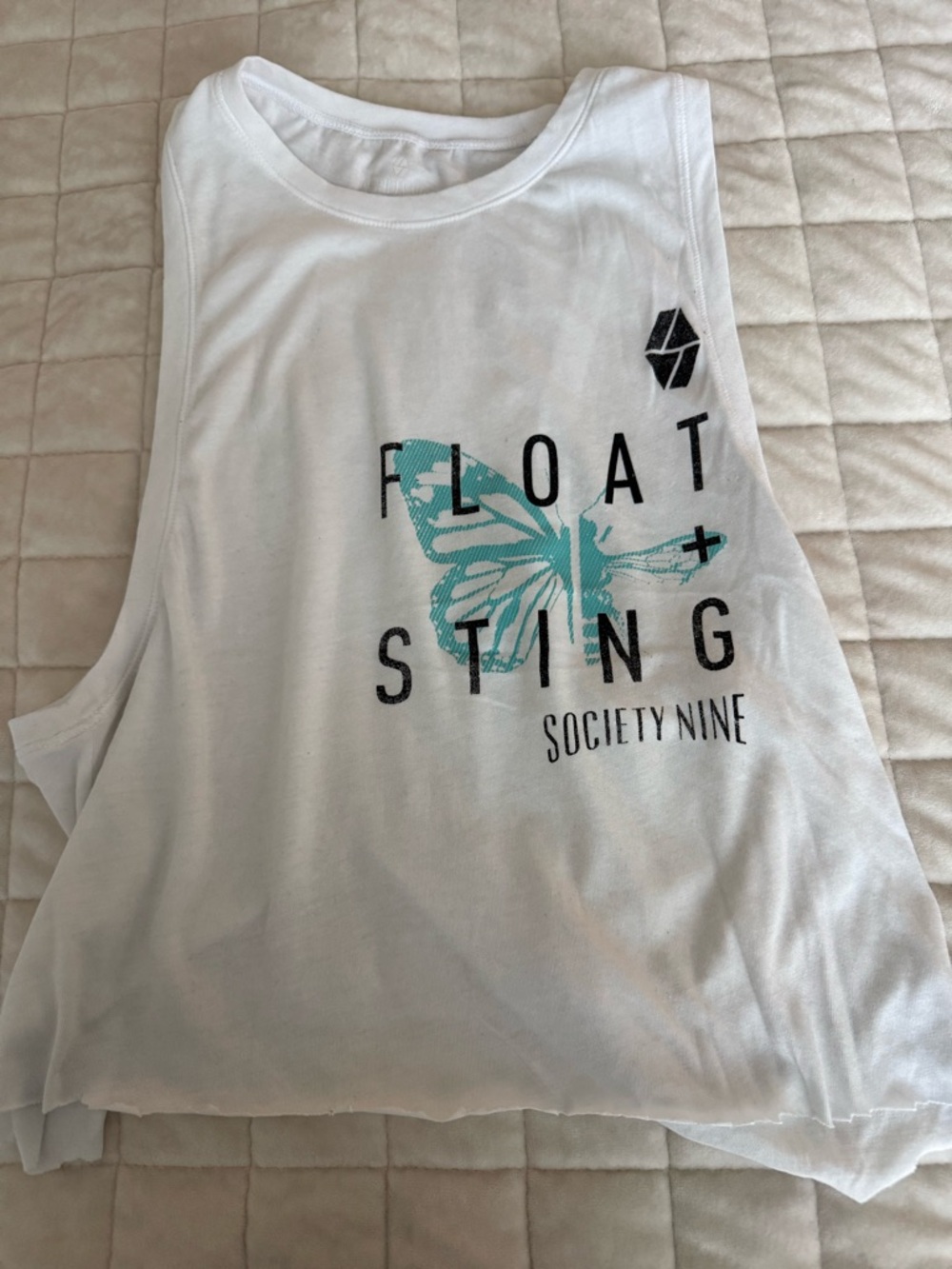 Society White Crop Tank Top with Aqua Butterfly Graphic